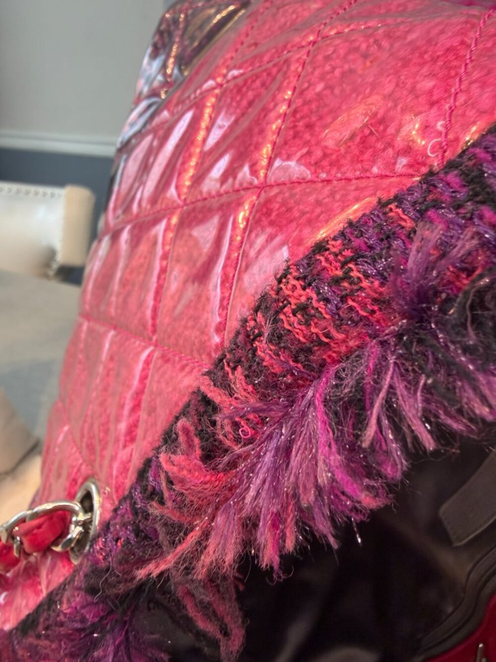 Authentic Chanel Funny Tweed Patchwork Tote Pink Purple Leather Chain Bag - Picture 13 of 16